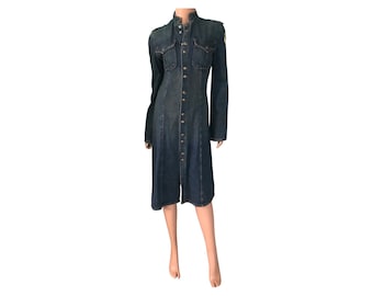 Vintage Lix denim snap front military style midi denim dress/ long jacket. Gold embroidery,size small,