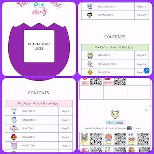 Può includere: Un grafico colorato con il titolo "Pix Party" e elenchi di personaggi con i loro gusti e i numeri di pagina. I personaggi sono illustrati con immagini di tipo cartone animato. Il grafico è diviso in due sezioni: "Uovo rosa e viola" e "Uovo verde e rosso".