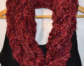 The Linda Scarf: infinity.circle.necklace.cowl.long.extra long.warm.soft.chunky. yarn.handmade.red.burgandy.cranberry.wine.cabernet.garnet.