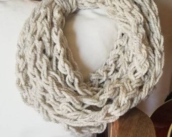 The Stephanie Scarf: infinity.circle.tassel.cowl.long.extra long.warm.soft.chunky.yarn.handmade.cream.neutral.gray.light.spring.fall.winter