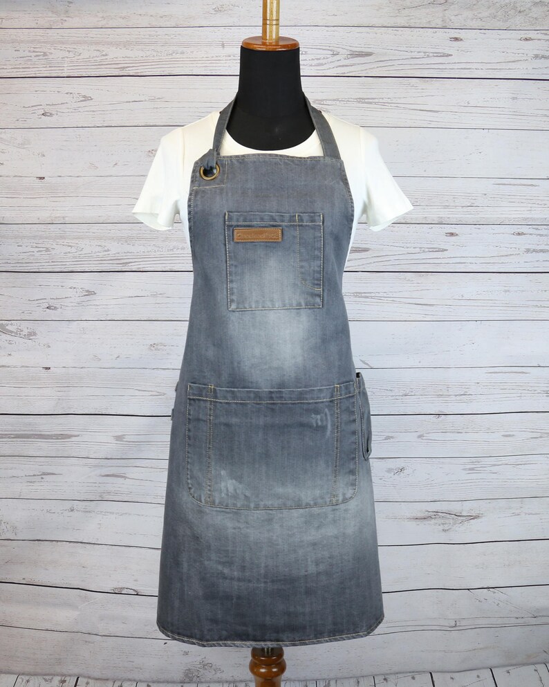 U3039 Chef Apron Mens Apron Women Apron Coffee Apron Barbeque Apron SMART Distressed Light Grey Denim Bib Apron |Barista Apron