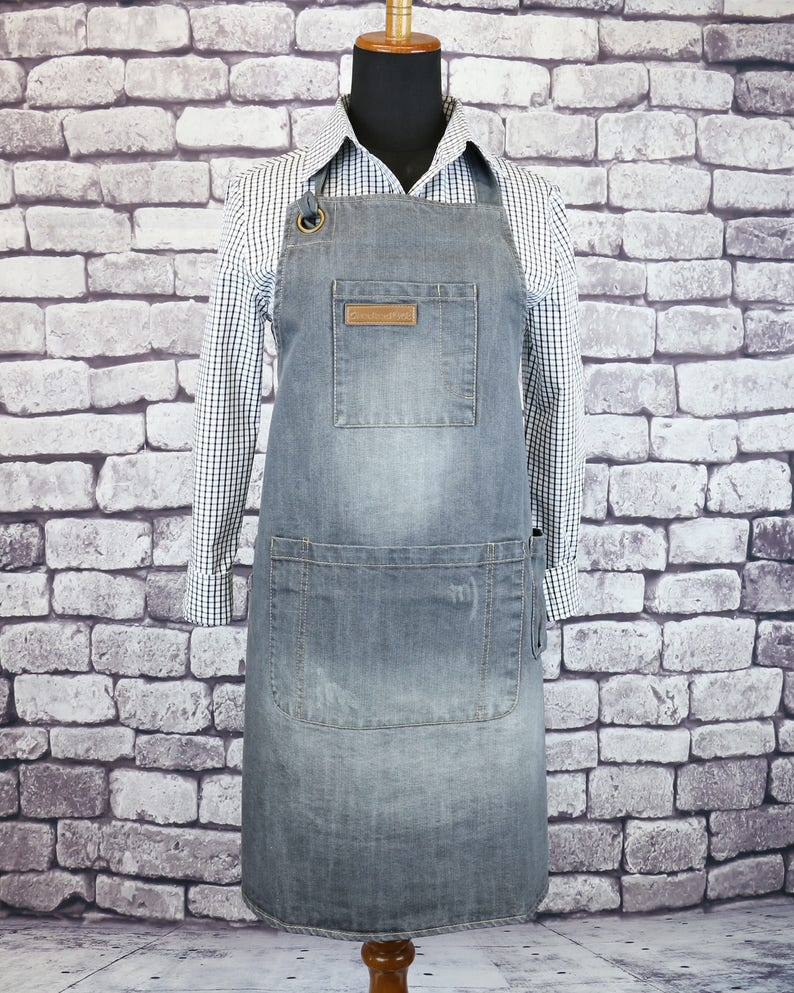 U3039 Chef Apron Mens Apron Women Apron Coffee Apron Barbeque Apron SMART Distressed Light Grey Denim Bib Apron |Barista Apron