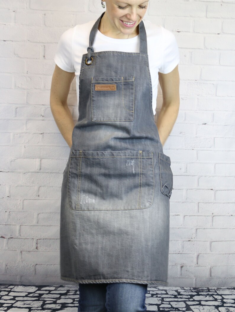 U3039 Chef Apron Mens Apron Women Apron Coffee Apron Barbeque Apron SMART Distressed Light Grey Denim Bib Apron |Barista Apron