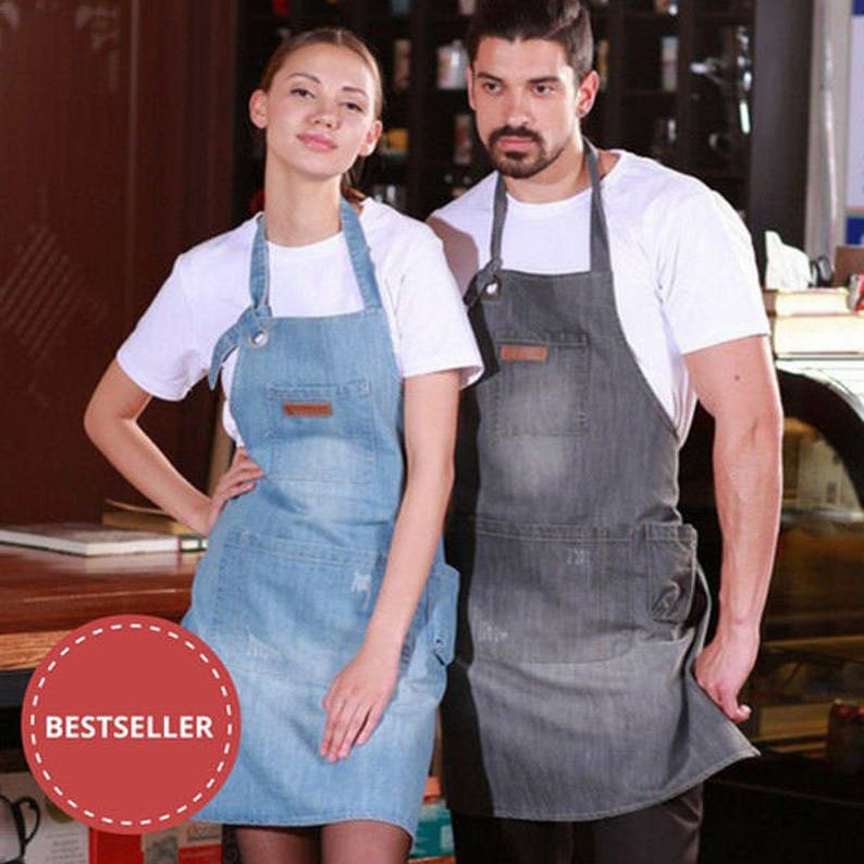 U3039 Chef Apron Mens Apron Women Apron Coffee Apron Barbeque Apron SMART Distressed Light Grey Denim Bib Apron |Barista Apron