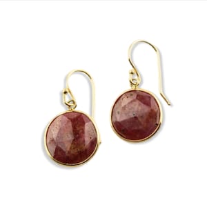 May include: A pair of gold earrings with red gemstone drops. The earrings have a simple, elegant design.