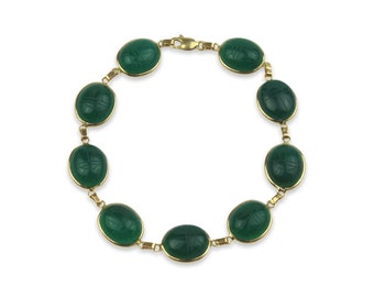 Green Agate Scarab Bracelet Set In 14k Solid Gold...