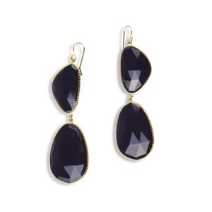 Black Onyx Rose Cut Sliced Earrings Set In 14k Solid Yellow Gold...