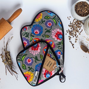 KITCHEN SET - Oven mitt - Oven glove - 100% Handmade - Natural Cotton&Wool - Folk