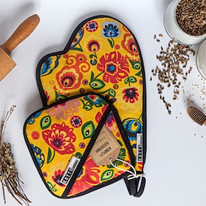 KITCHEN SET - Oven mitt - Oven glove - Pot holder - 100% Handmade - Natural Cotton&Wool - Folk