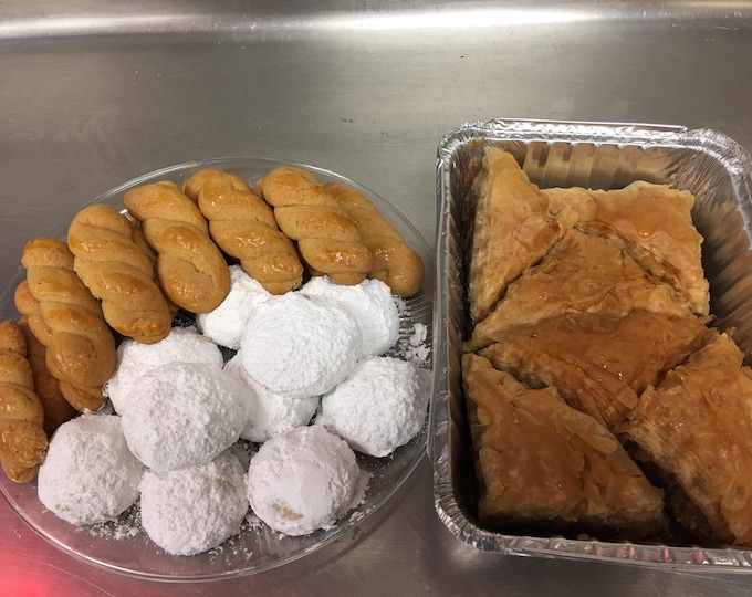 Greek Assortment. Includes Greek Baklava 6 large pieces, Kourabiedes 1lb. and Koulourakia 1lb. Free gift wrapping.