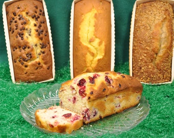 Three cake loaves, choose from, banana nut cake, cranberry cake, chocolate chip, pound cake