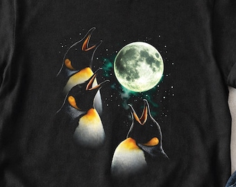Penguins Howling Moon Shirt, Funny Animal Graphic Tee, Cosmic Night Sky Apparel