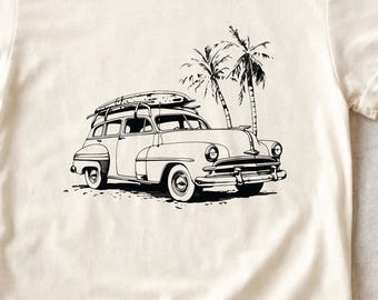Retro Beach Car Shirt, Vintage Surf Car Apparel, Minimalist Line Art T Shirt, Classic Car Graphic Tee, Summer Aesthetic Shirt