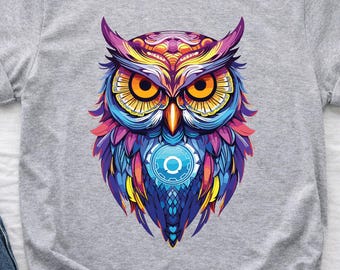 Vibrant Neon Cyberpunk Owl T-Shirt, Futuristic Animal Graphic Tee