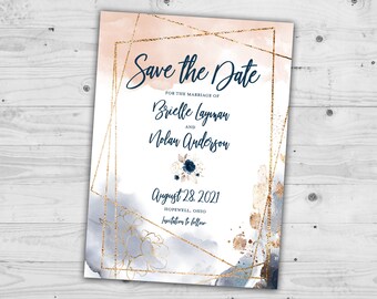 Blush and Navy Save the Date Set Printed, Geometric, Floral, Glitter, Pink and Blue, Modern Watercolor Gold Frame, Elegant
