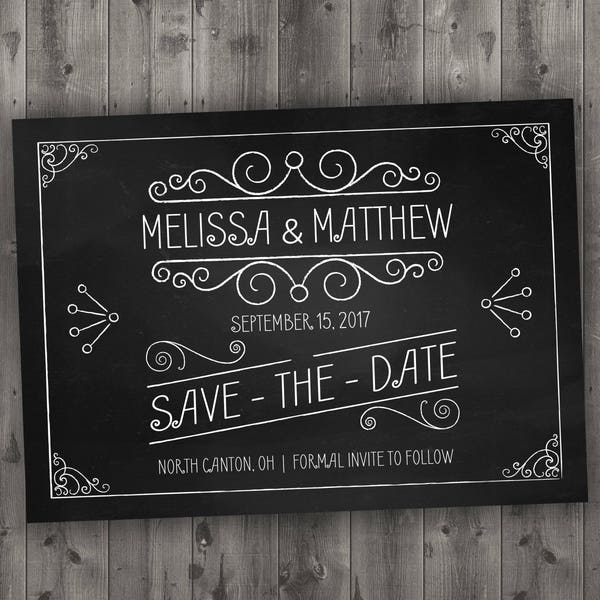 Chalkboard Save the Date Printed - Black and White, Chalk, Board, Chalkboard,