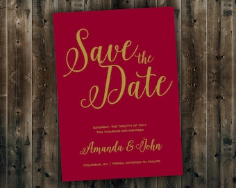 Save the Date Cards Printed  - Gold and Burgundy Wedding Save the Date, Cheap, Affordable, Sparkly, Elegant, Postcard, Wedding Invitations