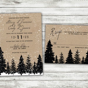 Rustic Winter Wedding Invitations, Snow Wedding Invitation, Woodsy, Rustic, Tree, Woods, Kraft, December, January, Christmas Themed Invites