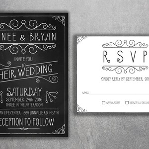 Affordable Wedding Invitations Set Printed, Cheap Chalkboard Wedding Invitations, Affordable, Black and White, Rustic, Vintage, Country