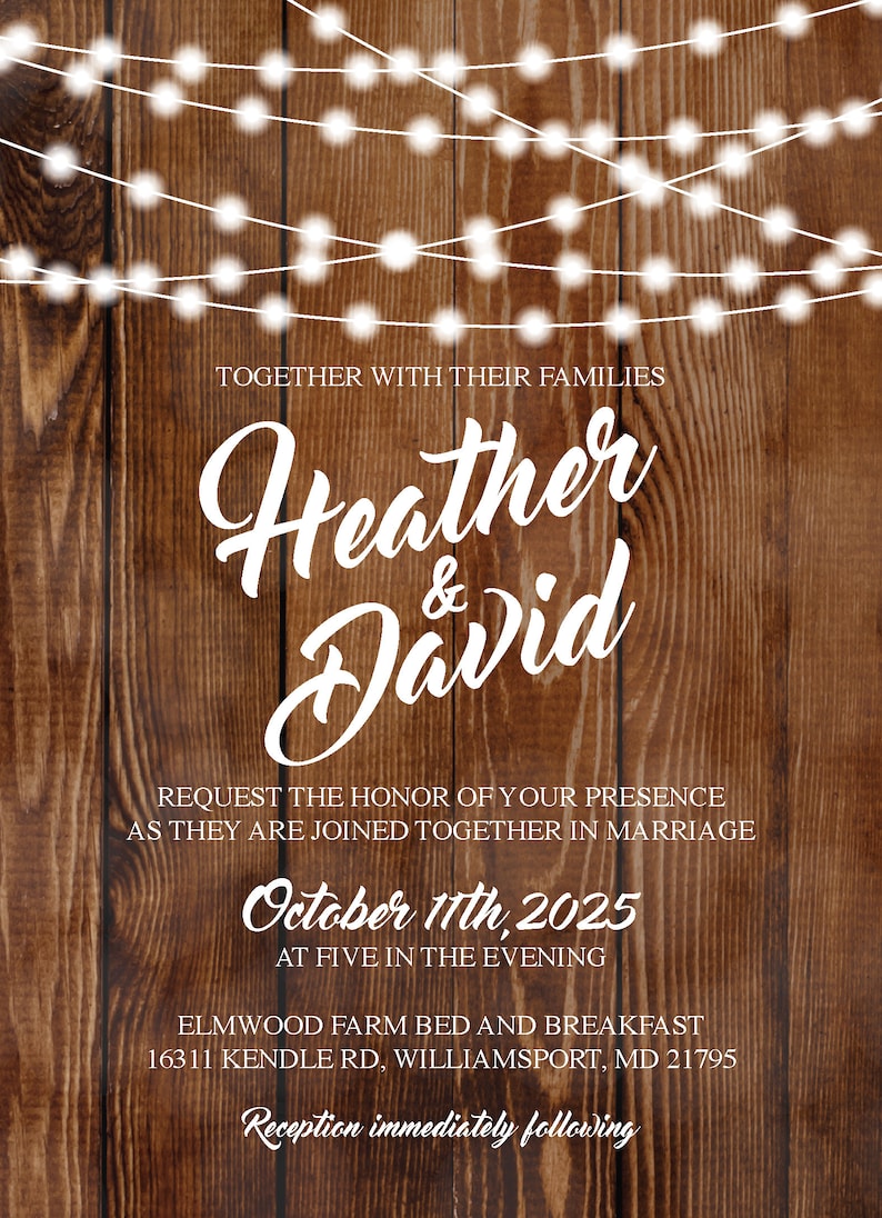 Country Wedding Invitations Set Printed, Rustic Wedding Invitation, Burlap, Kraft, Wood, Lights, Outside, Southern Wedding Invitations, Barn image 2