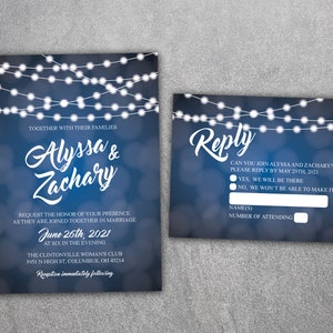 Wedding Invitation, Lights Wedding Invitation, Wedding Invite, Rustic Wedding Invitation, Blue and White, String Lights, Country Invite image 1