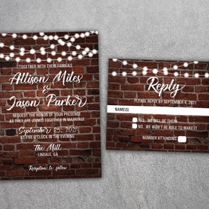 Brick Wedding Invitations Set Printed, Rustic Wedding Invitation, Industrial, Lights, Outside