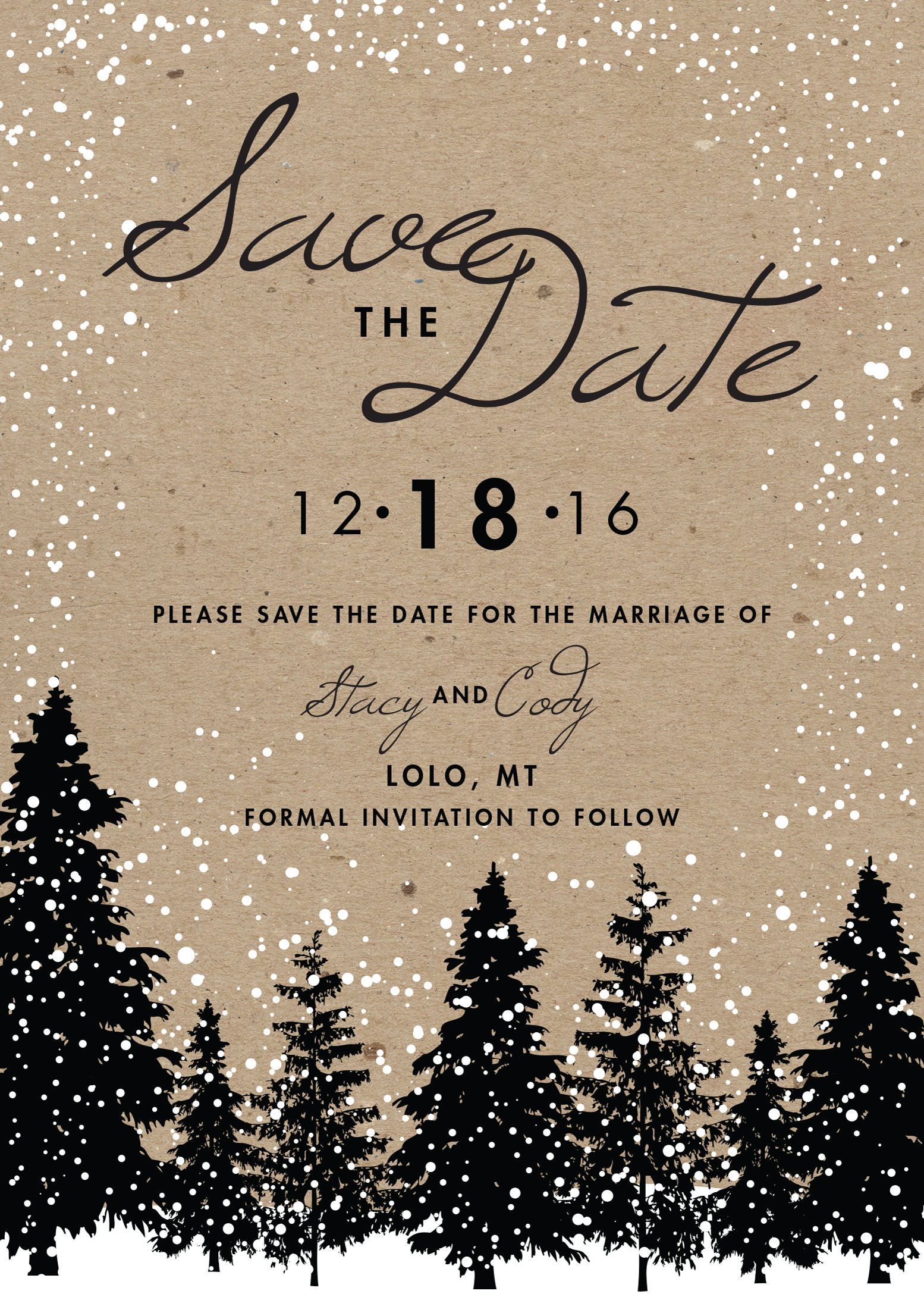 Winter Wedding Save The Date Printed Snow Woodsy Rustic Tree