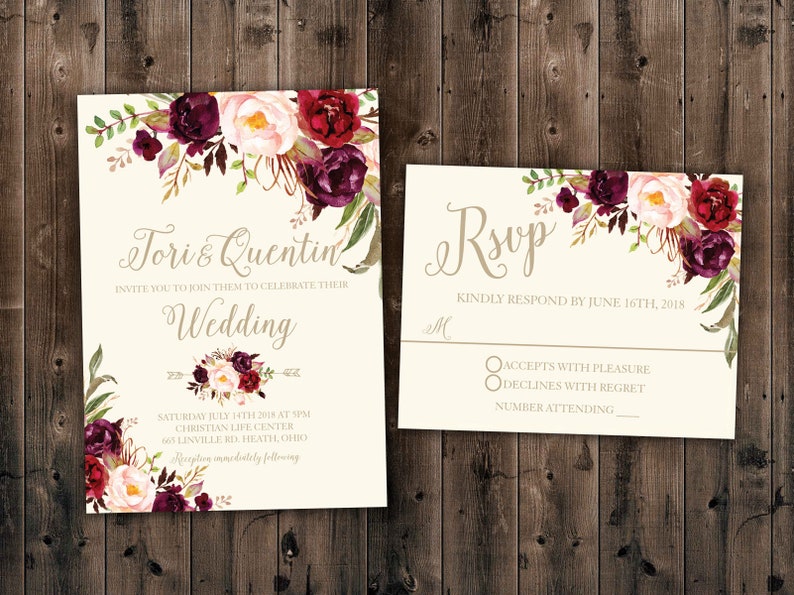 Floral, Marsala Flowers, Country Wedding Invitations Set Printed, Rustic Floral Wedding Invitation, Southern, Autumn image 1