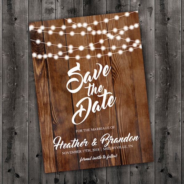 Rustic Save the Date Cards, Save The Date Postcard, Lights, Wood, Country Save the Date, Engagement Card, Country Wedding Save The Date Card