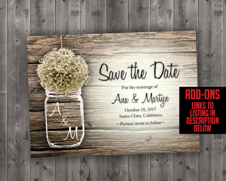 MASON JAR Baby's Breath Flowers Rustic Wedding Invitation Set Printed, Cheap Wedding Invitations, Unique, Custom Invitations, Affordable image 4