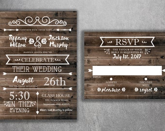 Rustic Country Wedding Invitations Set Printed - Cheap Wedding Invitations, Burlap, Kraft, Wood, Affordable, Woodsy, Lights, Outside,