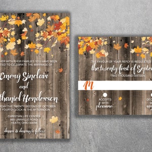 Autumn Wedding Invitation, Country Wedding Invitations, Fall Leaves Wedding Invitation, Affordable, Wood, Leaves, October, September, Rustic