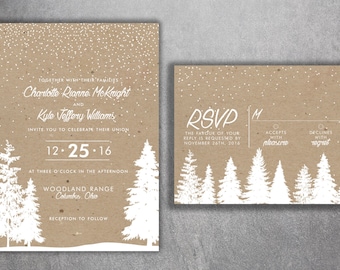 Winter Wedding Invitations, Snow Wedding Invitation, Woodsy, Rustic, Tree, Woods, Kraft, December, January, Christmas Themed Invites, Rustic