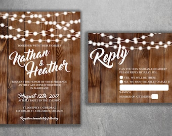 Wedding Invitation, Wedding Invitations, Rustic Wedding Invitation, Wood, Lights,  Southern Wedding Invitations, Barn, Country Invitation