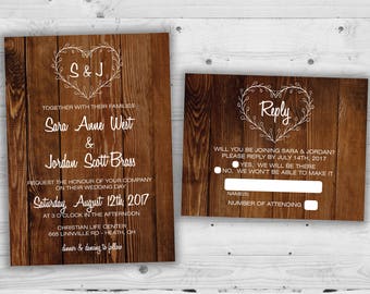 Country Heart Wedding Invitations Set Printed, Rustic Wedding Invitation, Burlap, Kraft, Wood, Outside, Southern Wedding Invitations, Barn