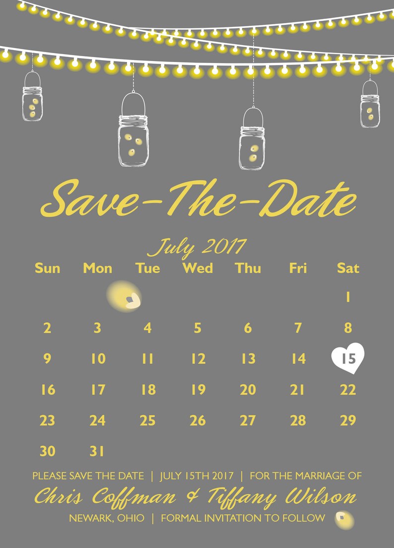 Save the Date Postcards, Save the Date Cards, Save the Dates Template, Lights, Calendar, Gray, Yellow, Calendar, Mason Jar, Wedding Invites image 2