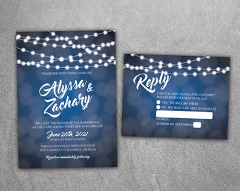 Affordable String Light Wedding Invitations Set, Cheap Light Wedding Invitation, Sparkle, Glitter, Blue and White, Outside, Modern, Rustic