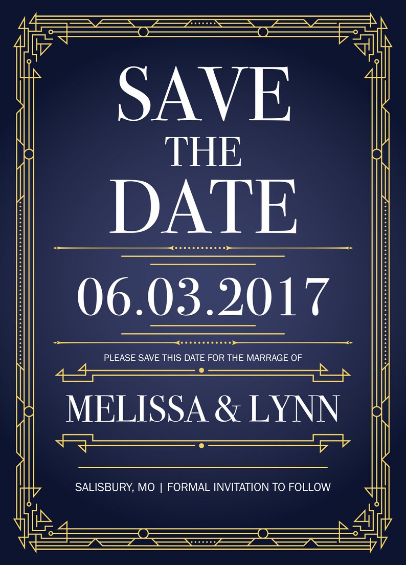 Art Deco Gold and Navy Blue Save the Date Cards Printed With Etsy