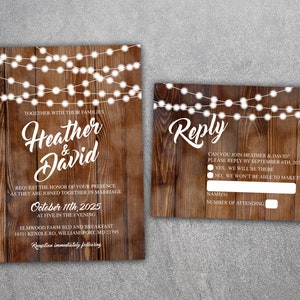 Country Wedding Invitations Set Printed, Rustic Wedding Invitation, Burlap, Kraft, Wood, Lights, Outside, Southern Wedding Invitations, Barn