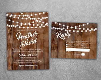 Country Wedding Invitations, Digital Download, Rustic Wedding Invitation, Burlap, Kraft, Wood, Lights, Outside, Southern Wedding, Barn