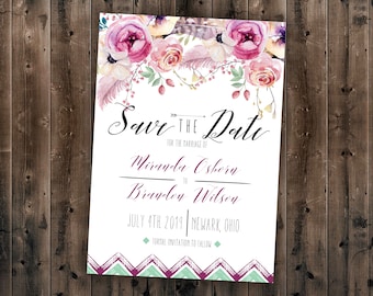 Boho Save the Date Cards, Bohemian Wedding Save the Date, Boho Invite, Floral Wedding Invitation, Affordable Invite, Boho Chic, Watercolor