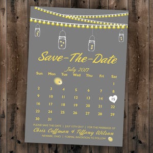 Save the Date Postcards, Save the Date Cards, Save the Dates Template, Lights, Calendar, Gray, Yellow, Calendar, Mason Jar, Wedding Invites image 1