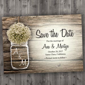 MASON JAR Baby's Breath Flowers Rustic Save the Date Printed - Wedding Save The Date, Affordable, Cheap, Wood, Summer, Outside