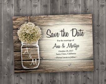 MASON JAR Baby's Breath Flowers Rustic Save the Date Printed - Wedding Save The Date, Affordable, Cheap, Wood, Summer, Outside