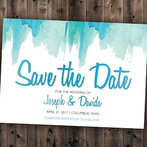 Watercolor Save the Date Printed Wedding Save the Date, Affordable, Vintage, Teal, Blue, Watercolor, Modern, Cheap, Summer image 1