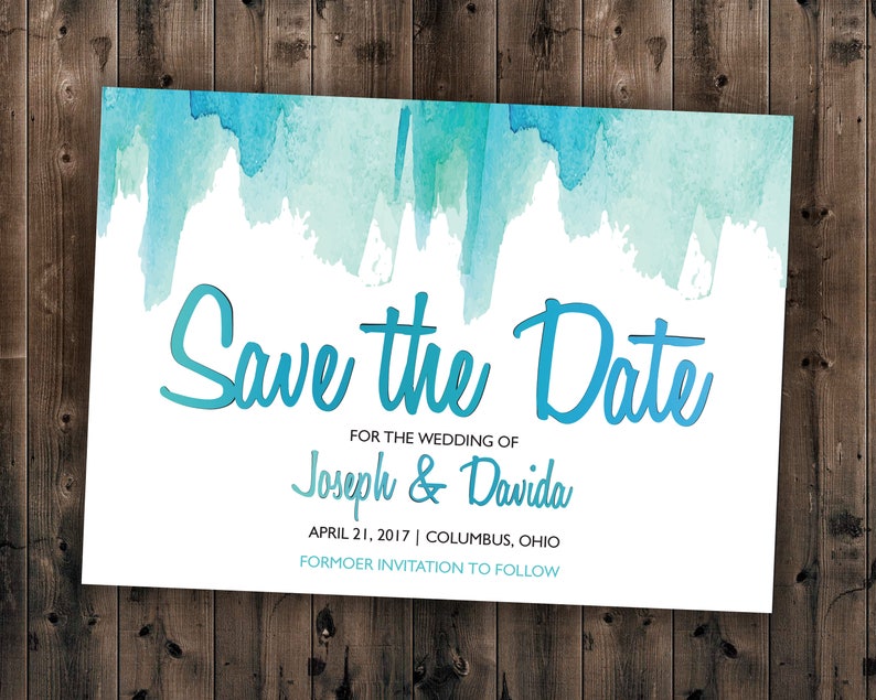 Watercolor Save the Date Printed Wedding Save the Date, Affordable, Vintage, Teal, Blue, Watercolor, Modern, Cheap, Summer image 1