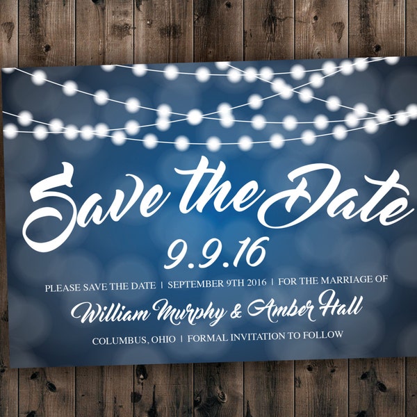 Blue and White Lights Save the Date Cards Printed with Envelopes - Cheap, Affordable, Lights, Sparkly, Elegant, Rustic, Country, Postcard