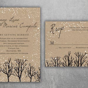 Winter Wedding Invitations, Snow Wedding Invitation, Woodsy, Rustic, Tree, Woods, Kraft, December, January, Christmas Themed Invites, Rustic