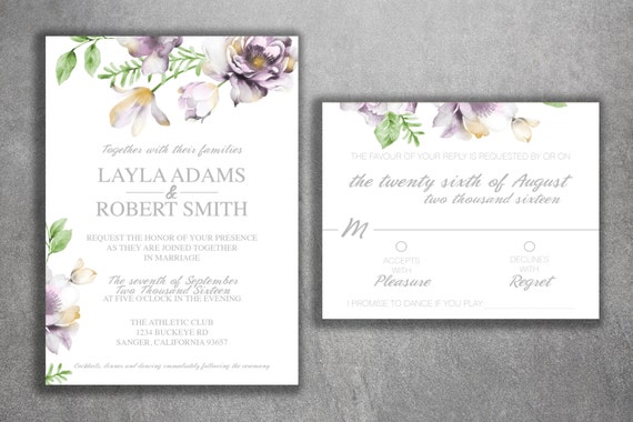 Floral Wedding Invitation Printed Set Succulent Wedding Etsy
