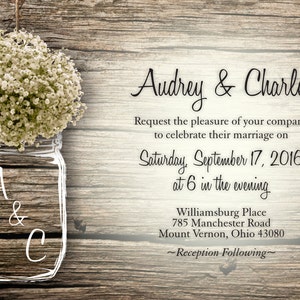 MASON JAR Baby's Breath Flowers Rustic Wedding Invitation Set Printed, Cheap Wedding Invitations, Unique, Custom Invitations, Affordable image 2